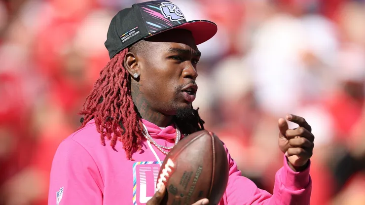 Rashee Rice #4 of the Kansas City Chiefs looks on before a game.