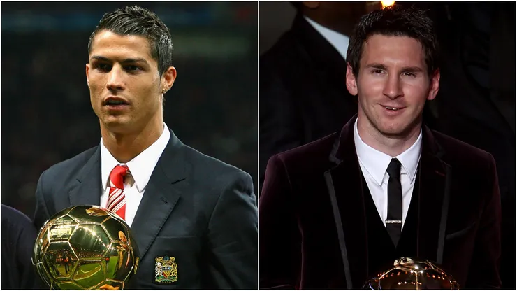 Cristiano Ronaldo in 2008 and Lionel Messi 2012 with their Ballon d'Or awards.