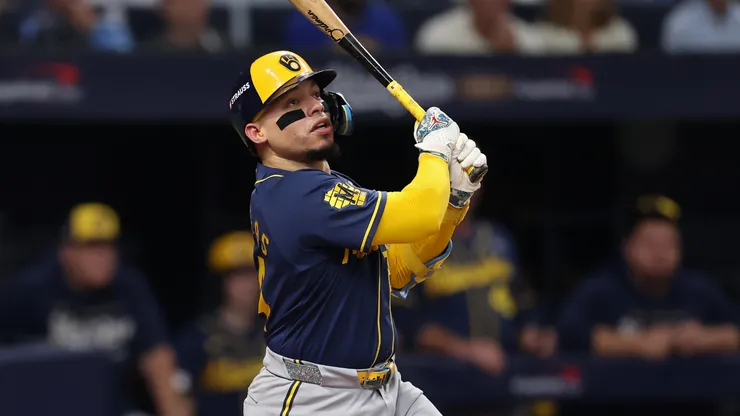 William Contreras #24 of the Milwaukee Brewers hits a Single.
