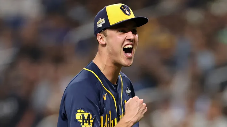 Jacob Misiorowski #32 of the Milwaukee Brewers reacts.