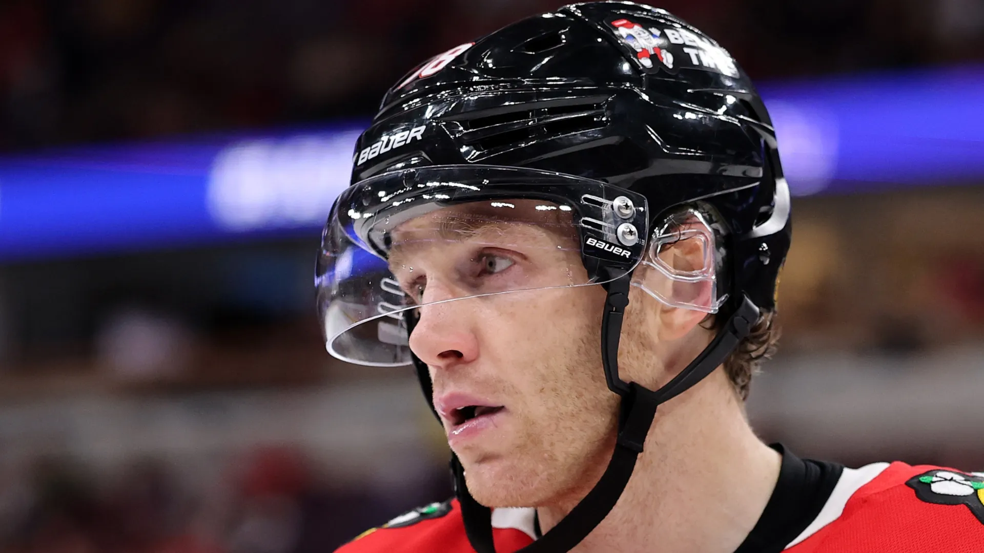 Patrick Kane #88 of the Chicago Blackhawks looks on against the Winnipeg Jets during the third period at United Center on October 15, 2026 in Chicago, Illinois. Kane breaks NHL assists record for US-born player in Chicago Blackhawks’ 4-3 OT win vs. Winnipeg Jets.