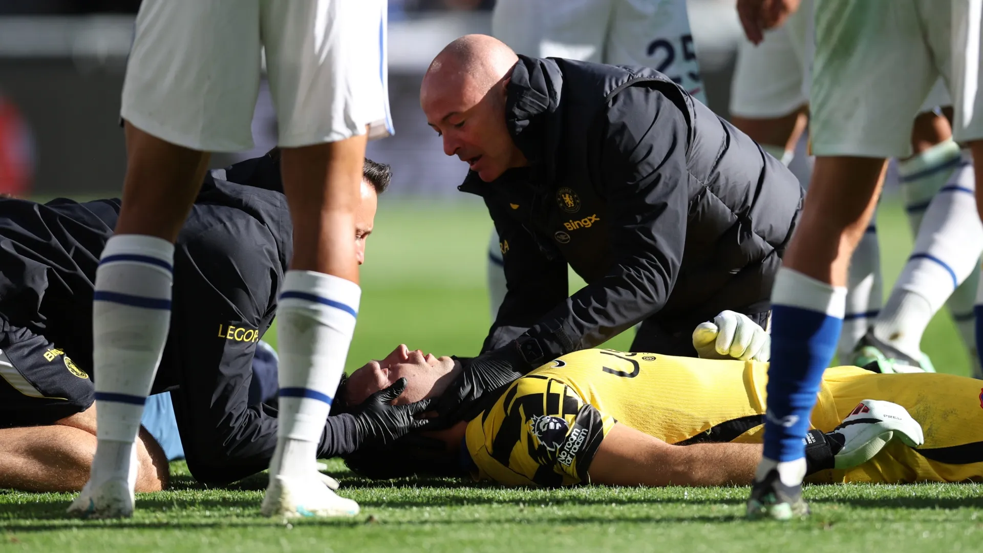 Emiliano Martinez of Chelsea receives medical attention following a clash of heads (Source: Alex Livesey/Getty Images)