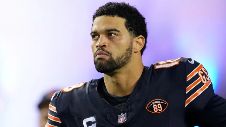 Caleb Williams #18 of the Chicago Bears looks on.