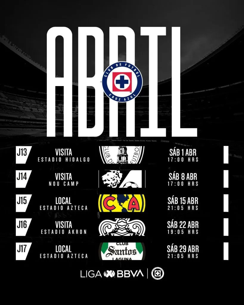 El calendario de Cruz Azul en abril. (Foto: Cruz Azul)