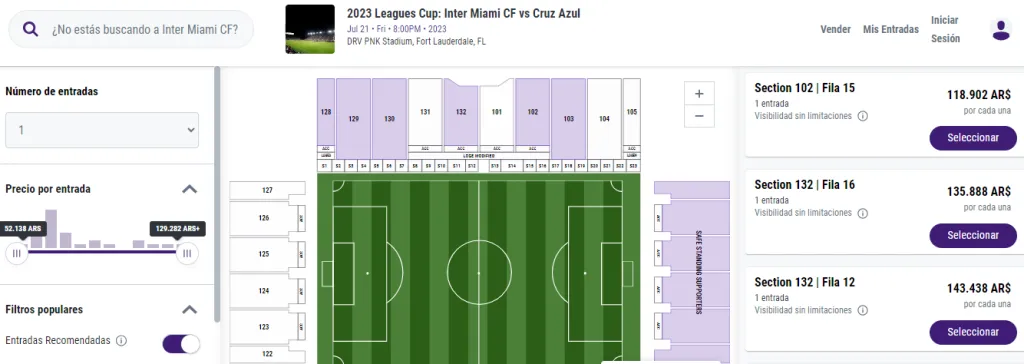 Captura de pantalla en StubHub
