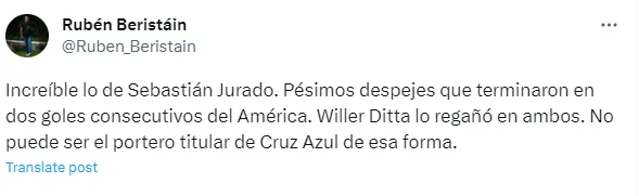 Tuit de Rubén Beristáin