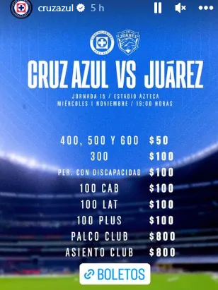 El valor de los boletos contra Juárez (@CruzAzul)