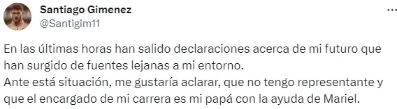 Tuit que publicó Santiago Giménez sobre su futuro (X Santi Giménez)