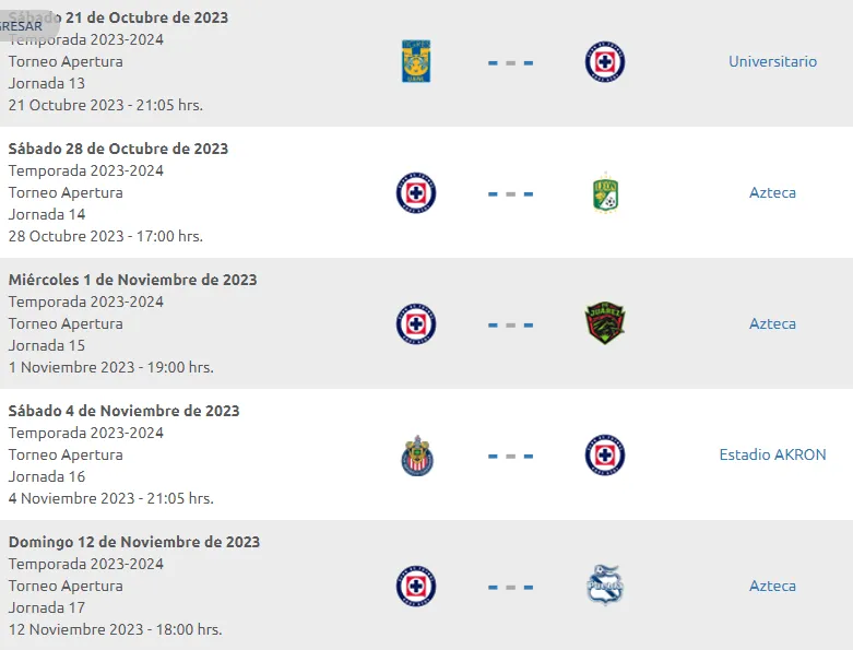 Resto del calendario para Cruz Azul