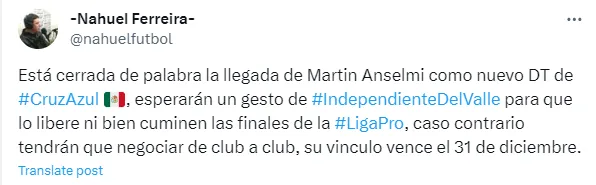 Información de Nahuel Ferreira en X (Antes Twitter)