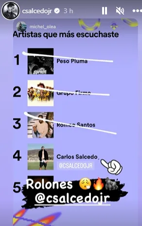 Carlos Salcedo entre los cinco más escuchados de un usuario (vía IG)