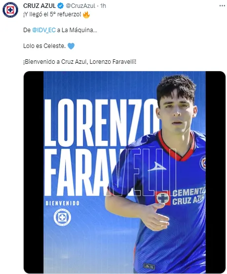 Cruz Azul presentó a Faravelli. (@CruzAzul)
