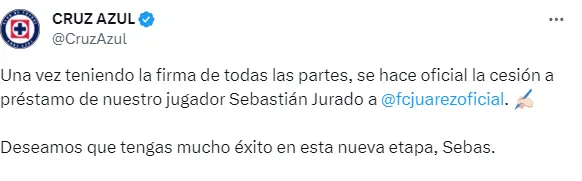 Publicación de Cruz Azul para despedir a Sebastián Jurado