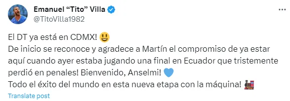 Tuit de Emanuel Villa en sus redes sociales