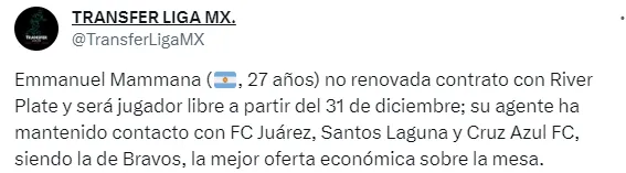 Información de Transfer Liga en su cuenta de X (antes Twitter)