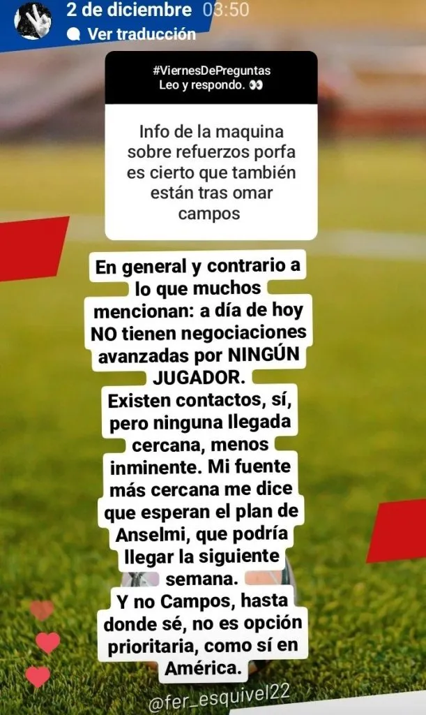 Cruz Azul no tendría refuerzos cerca (Instagram: @Fer_Esquivel22)
