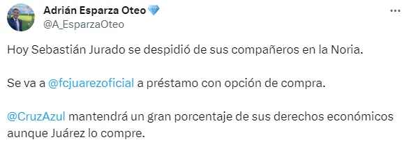 Jurado se va a préstamo de Cruz Azul. (@A_EsparzaOteo)