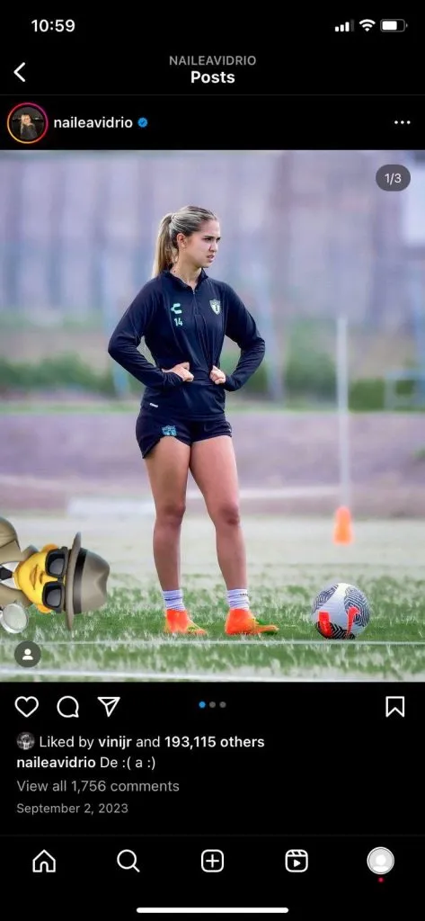 Publicación de Nailea Vidrio con reacción de Vinicius Jr.