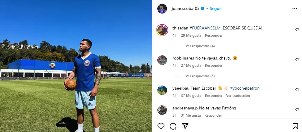 Publicación de Escobar en donde la afición le muestra su apoyo