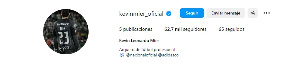 Descripción de Kevin Mier en su perfil de Instagram