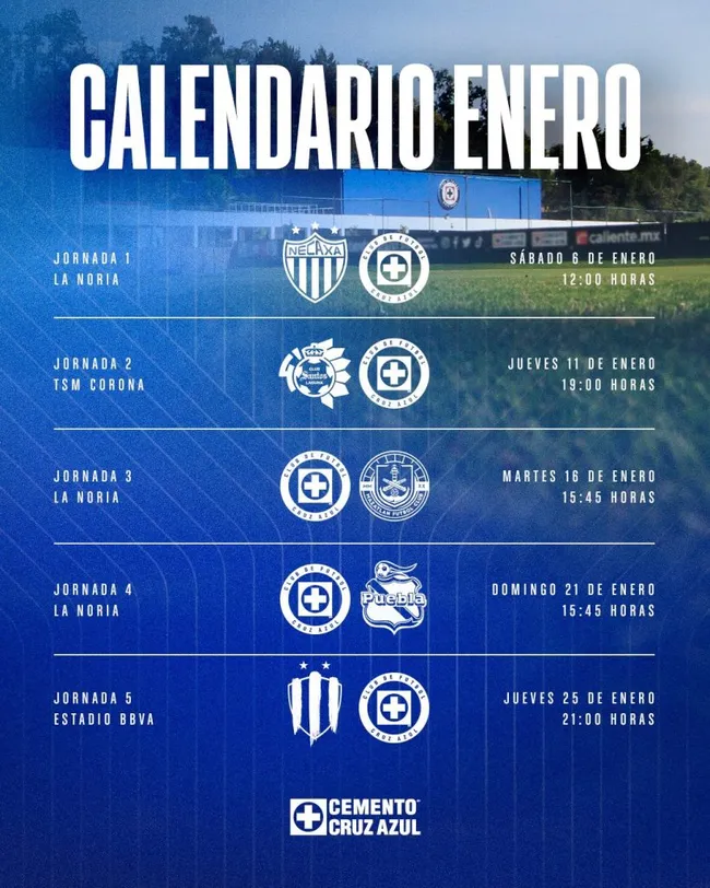 El calendario de Cruz Azul en enero. (Foto: Crruz Azul)