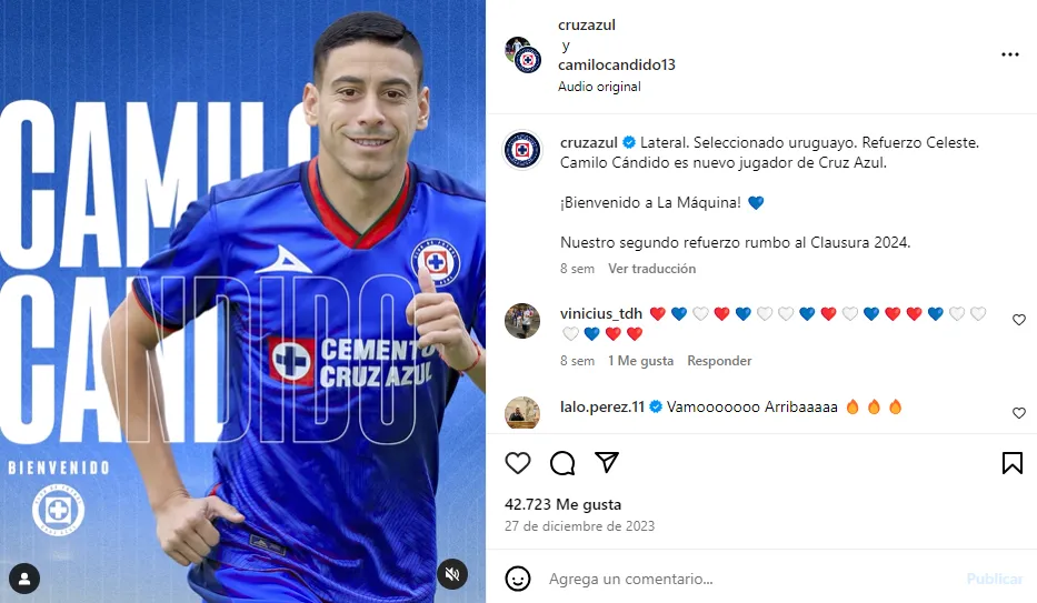 Publicación de Cruz Azul anunciando la llegada de Camilo Cándido