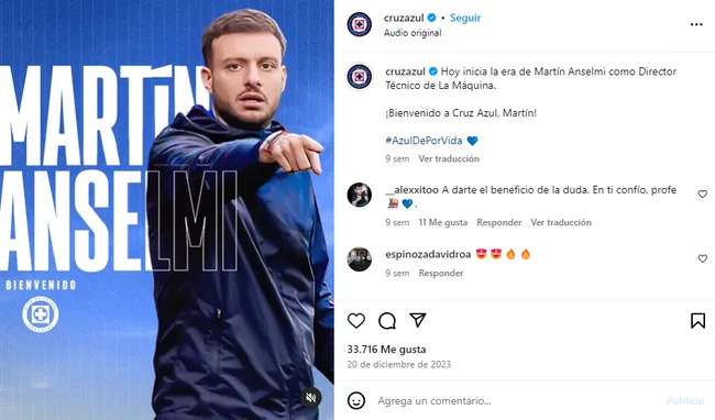 Publicación de Cruz Azul anunciando la llegada de Martín Anselmi