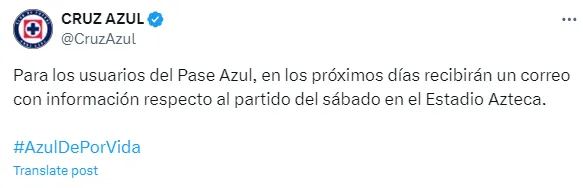 Información que publicó Cruz Azul en sus redes sociales