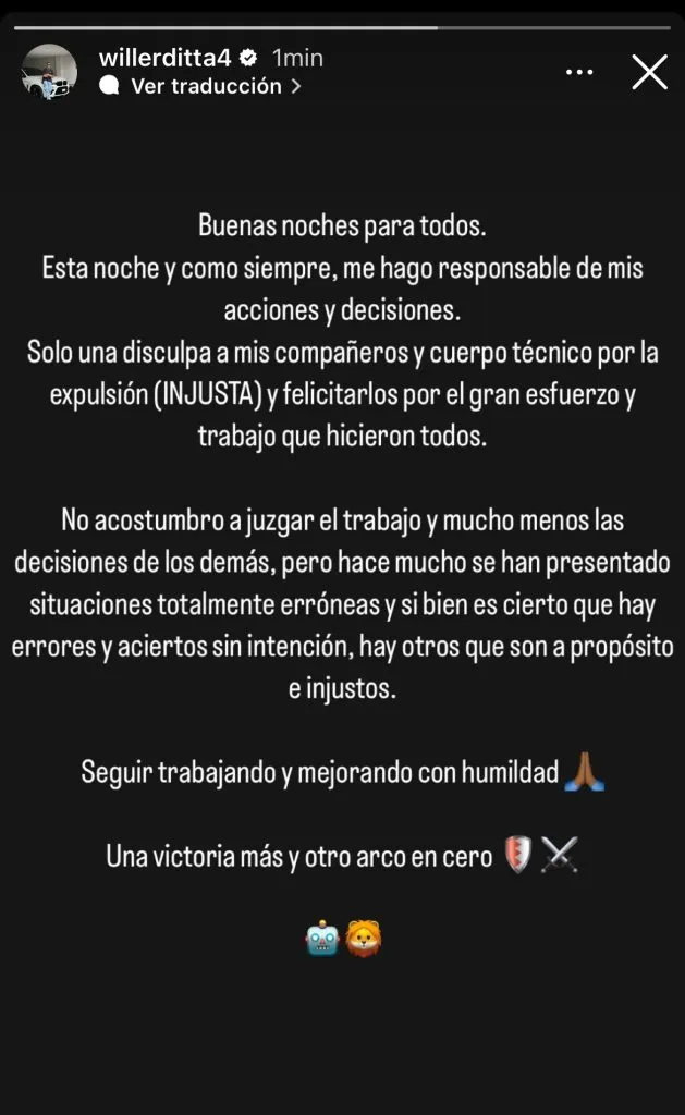 Mensaje de Willer Ditta en redes sociales