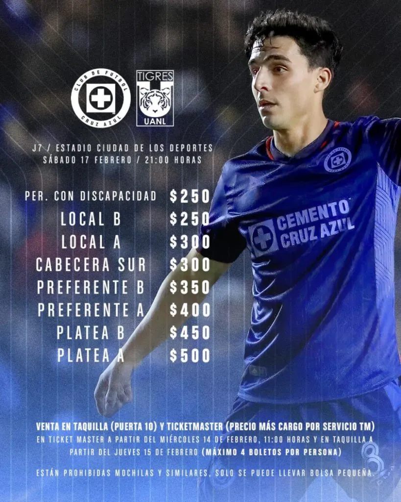 Precios de los boletos para el partido que Cruz Azul sostendrá contra Tigres