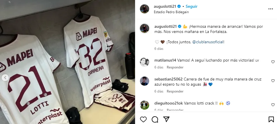 Publicación de Augusto Lotti en Instagram con reacción de un fanático cementero