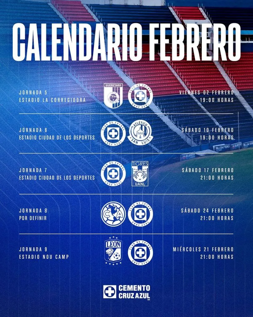 Calendario de Cruz Azul en el mes de febrero (X Cruz Azul)