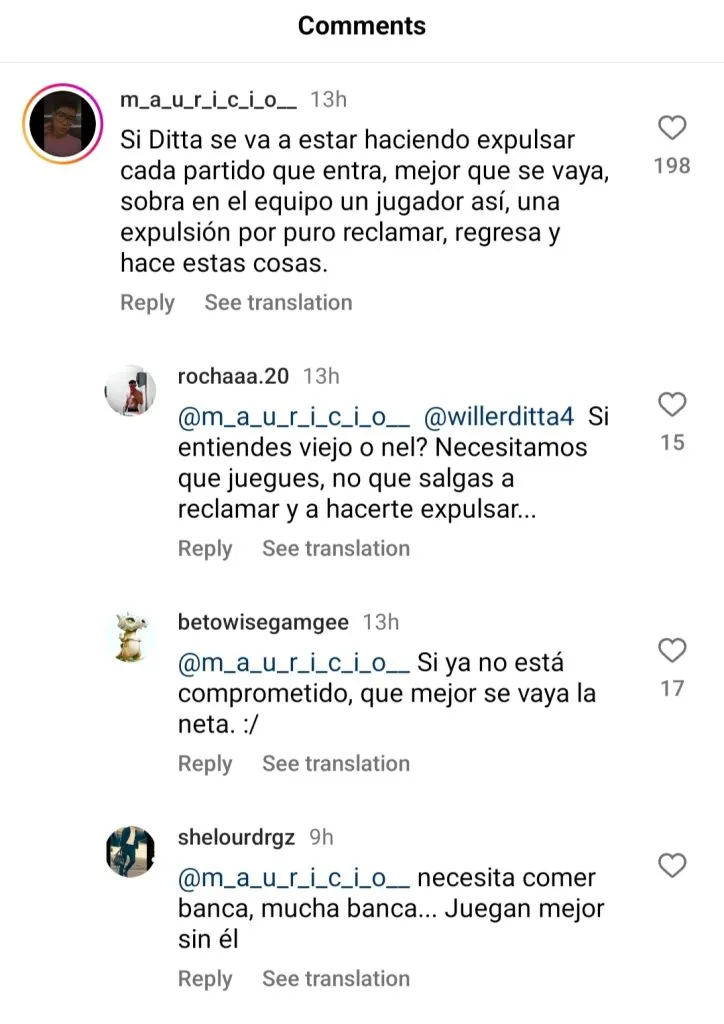 Comentarios de la afición en el perfil de IG de Cruz Azul
