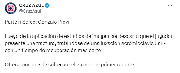 Publicación de Cruz Azul rectificando