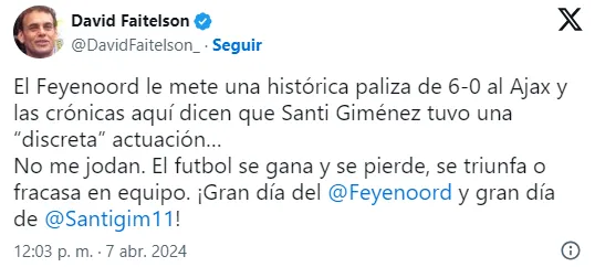 Publicación de David Faitelson en X