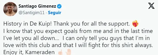 Mensaje a la afición por parte de Santiago Giménez