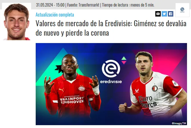 Santi pasó a ser el segundo más caro de la Eredivisie. Fuente: Transfermarkt