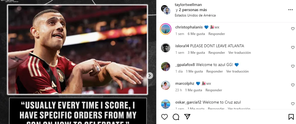 Comentarios a publicación del jugador (IG)