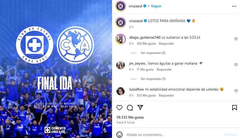 La publicación de Cruz Azul a las 3:33 pm