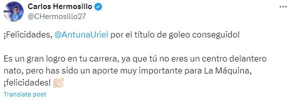 Mensaje de Carlos Hermosillo a Uriel Antuna