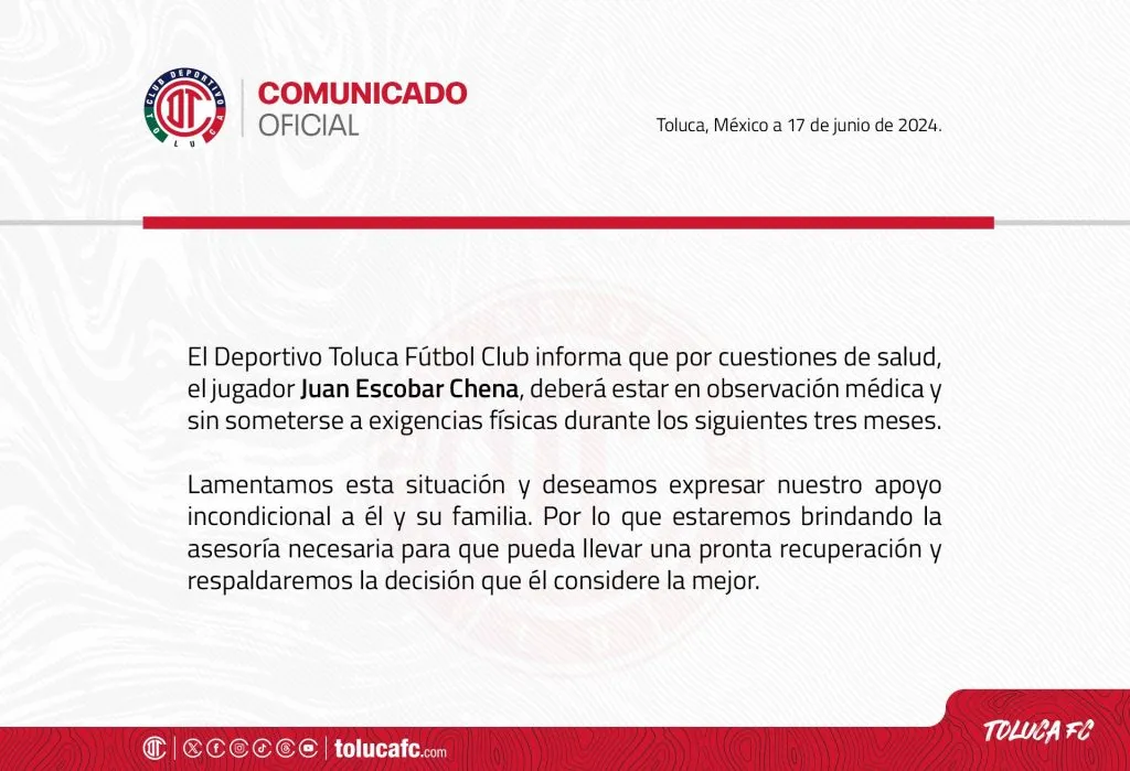 Comunicado oficial de Toluca por Juan Ecobar.