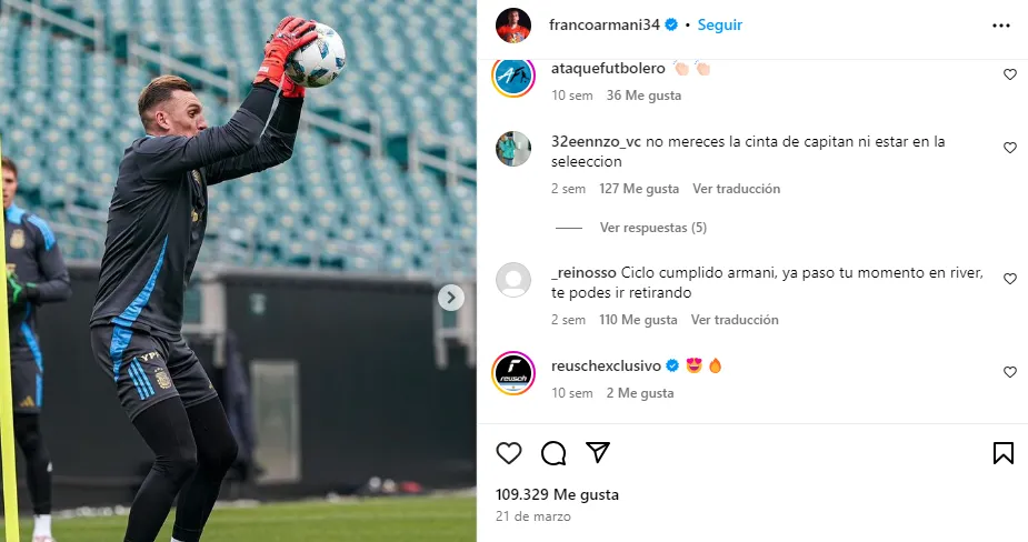 Última publicación de Armani en IG