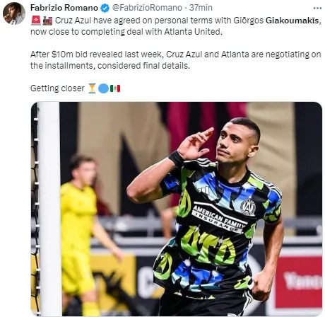 Giakoumakis acordó con Cruz Azul. (@FabrizioRomano)