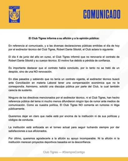 El comunicado de Tigres en contra de Robert Siboldo (Oficial Tigres)