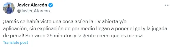 Mensaje en redes de Javier Alarcón