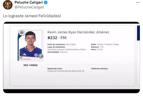 Kevin James en su registro como jugador de Cruz Azul