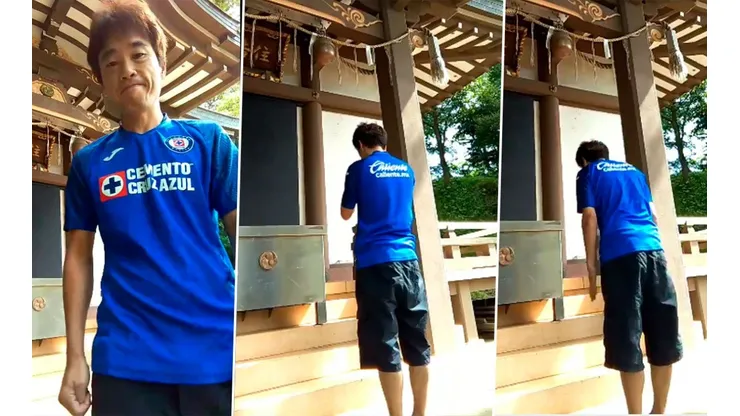 Aficionado japonés reza en un santuario para que Cruz Azul sea campeón
