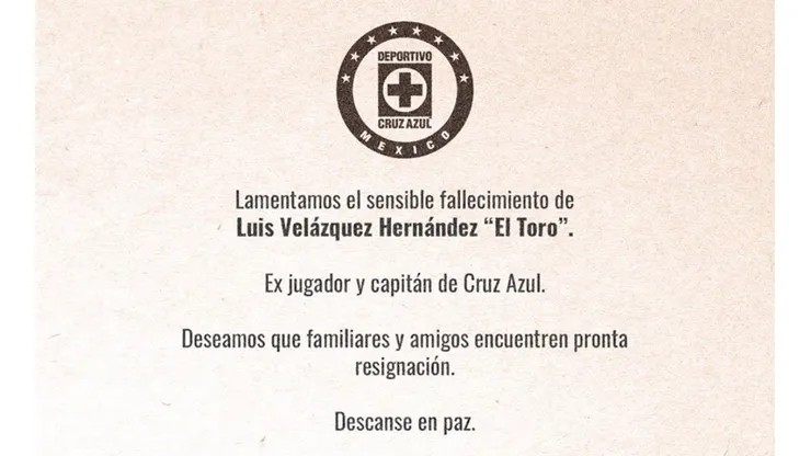 Cruz Azul informó el fallecimiento de Luis Velázquez 'El Toro', leyenda de Cruz Azul.