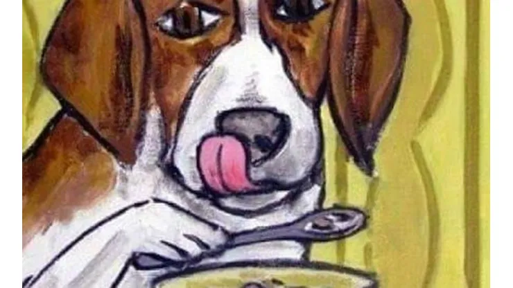 Pintura del perro comiendo cereal con cuchara