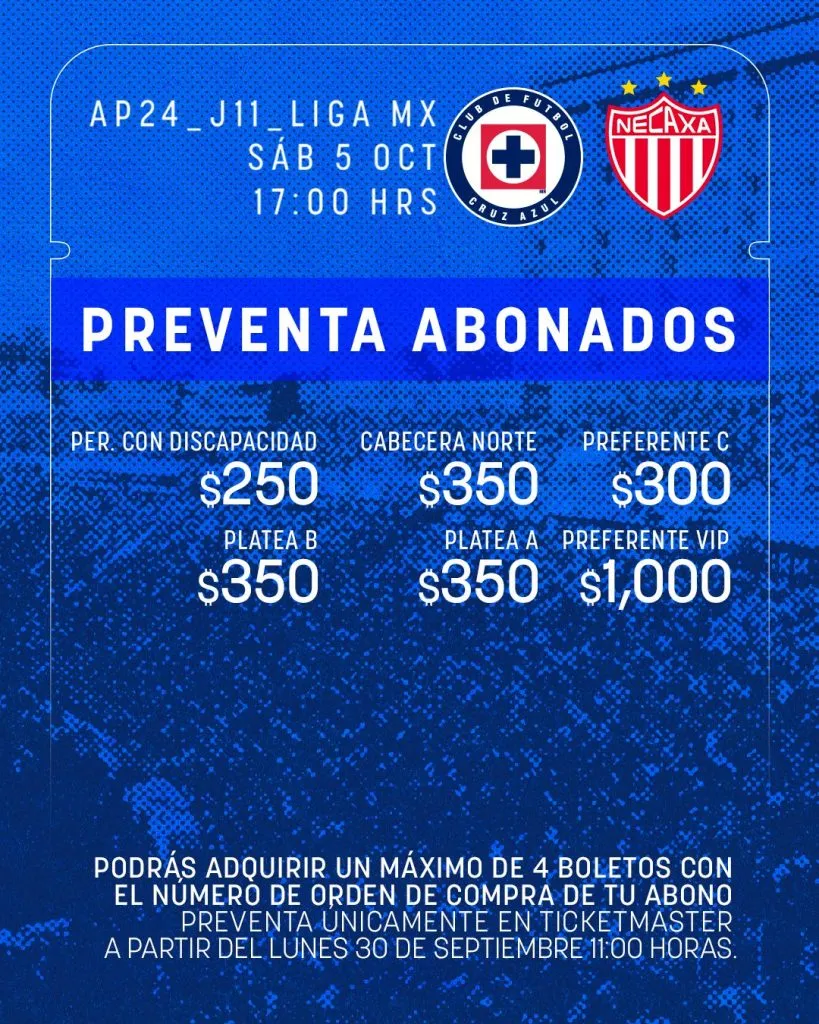 Valores de la preventa para Cruz Azul vs. Necaxa. (Prensa Cruz Azul)